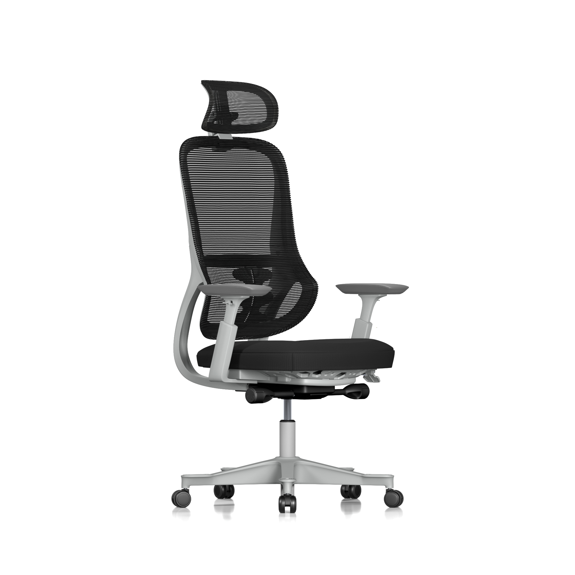 Exact product photo: Everything Chair with light frame and black mesh and upholstery