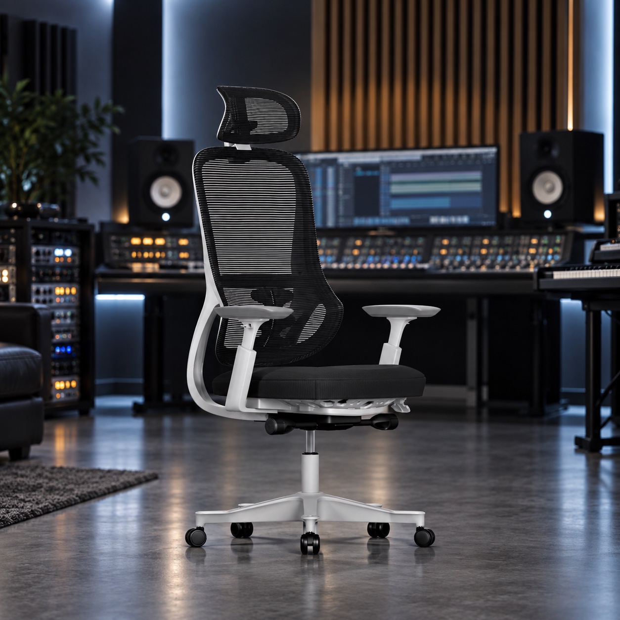 White-frame Everything Chair visualised in a production studio